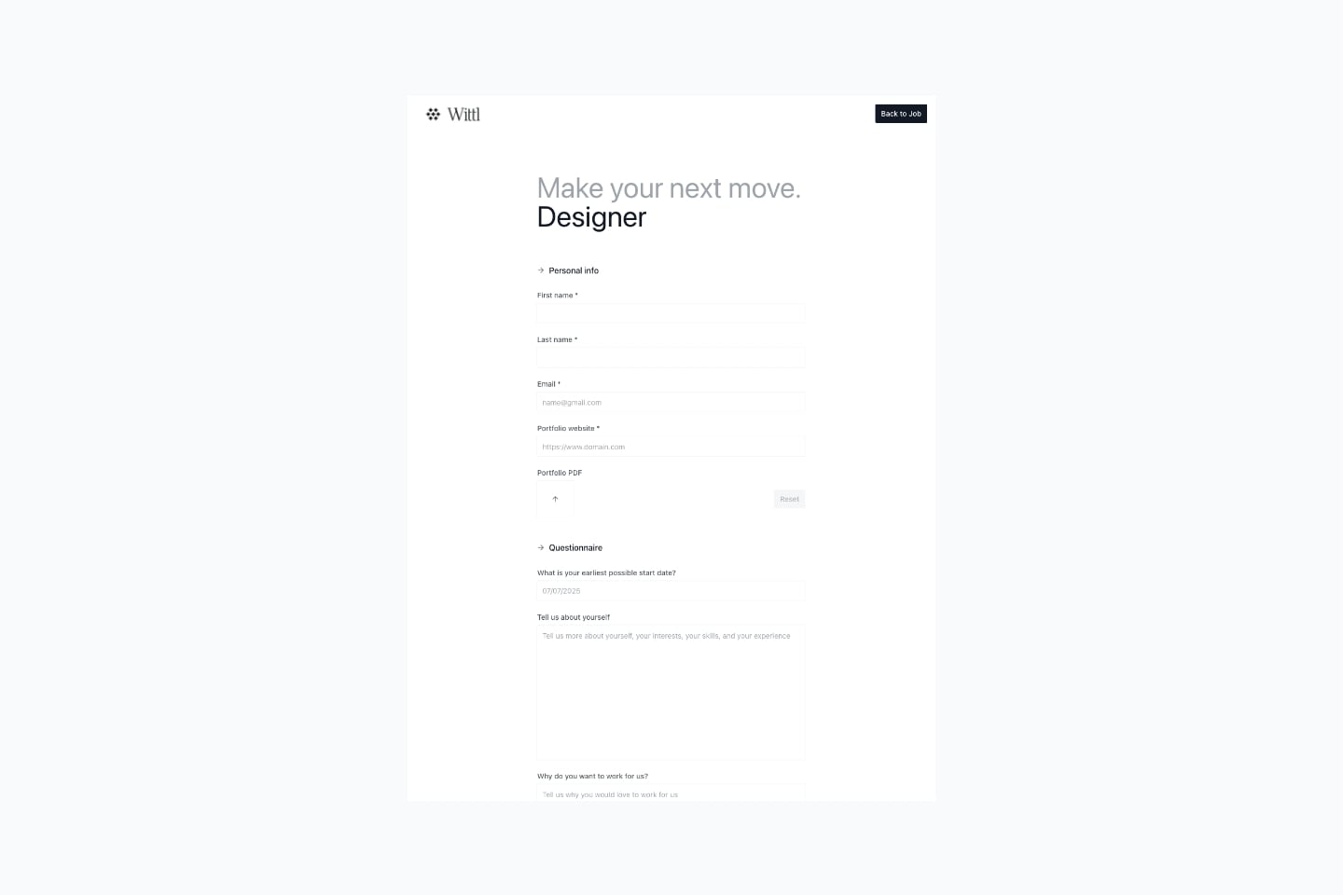 Screenshot of the Wittl dashboard demonstrating An application form for your open roles