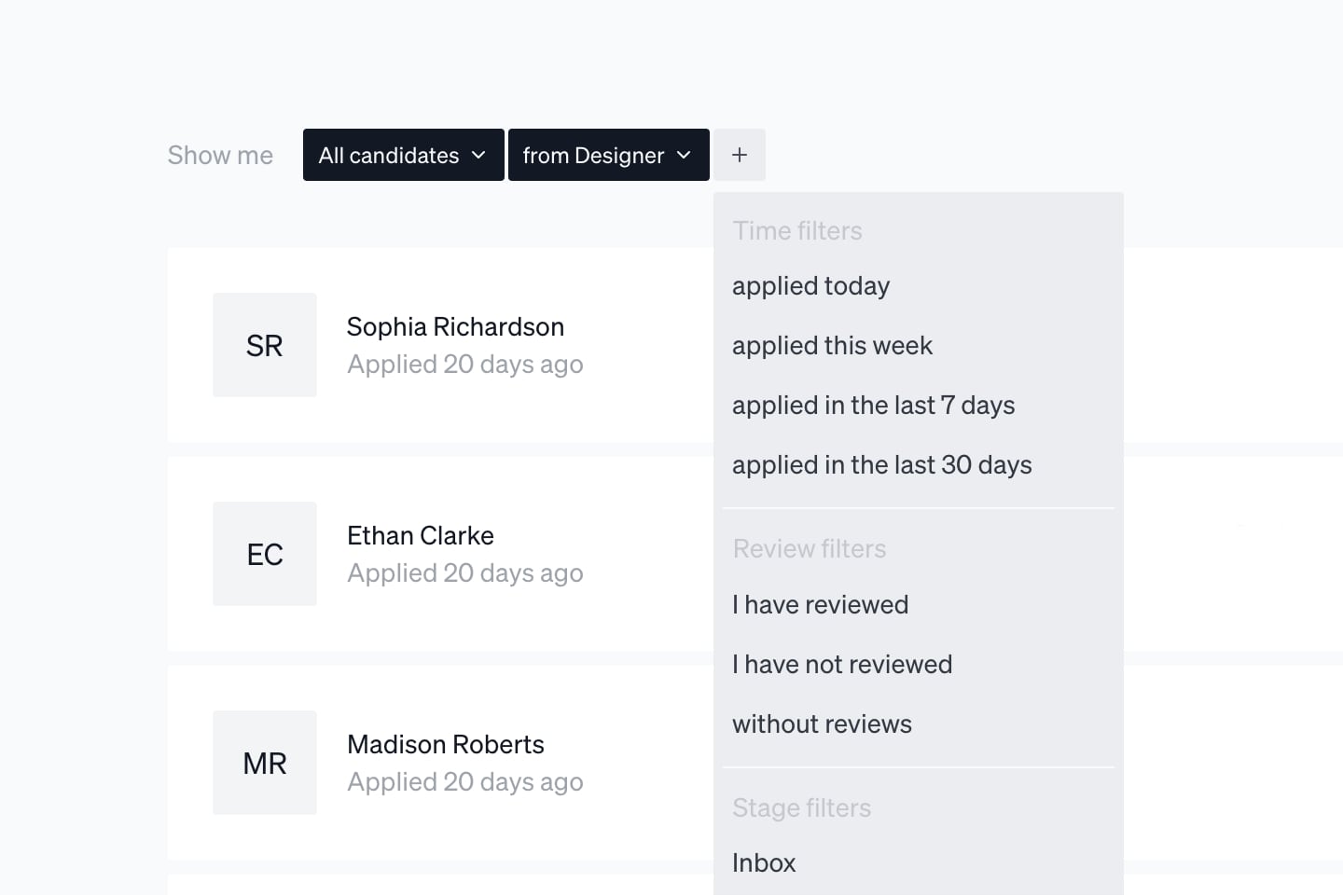 Screenshot of the Wittl dashboard demonstrating Filter candidates